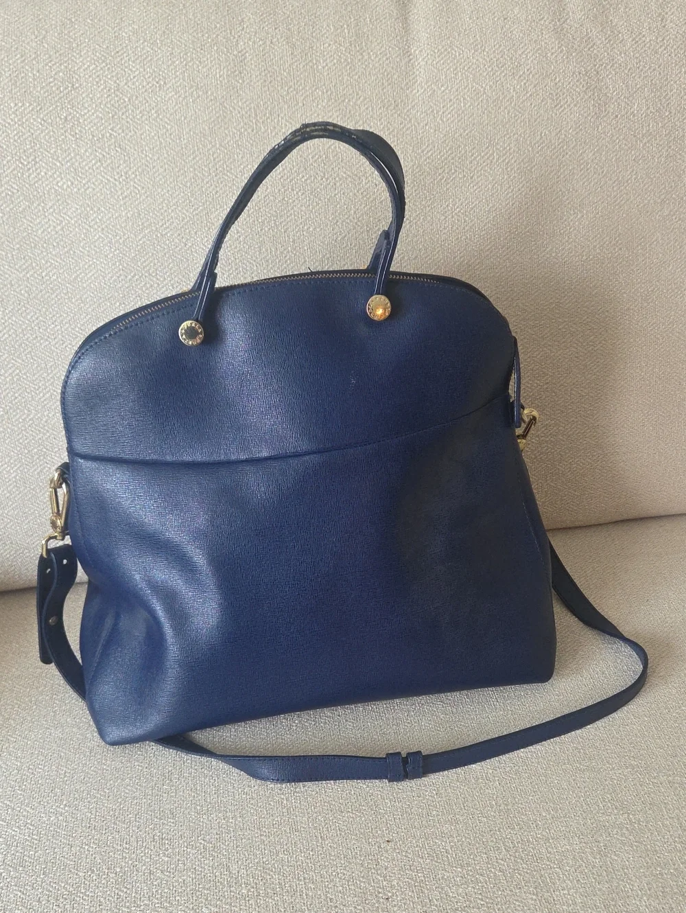 Furla Navy Blue Leather Satchel with Gold Hardware
